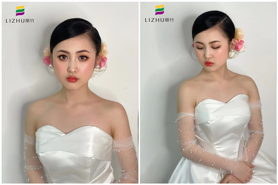 簡約鮮花新娘妝容，廣西化妝學(xué)校新娘妝作品