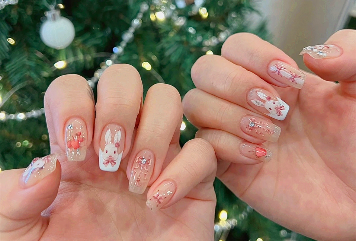 兔子新年美甲，廣西美甲造型學(xué)校將氛圍狠狠抓住了
