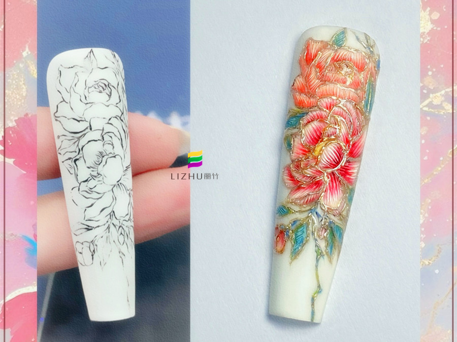 國風(fēng)刺繡牡丹美甲，廣西美甲設(shè)計(jì)學(xué)校作品