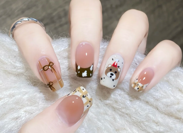 格紋手繪小熊美甲教程，南寧美甲教學分享